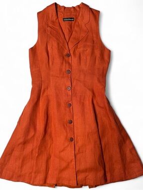 GEORGES MARCIANO Vintage Linen Button Front Collared Midi Dress Flare A Linr